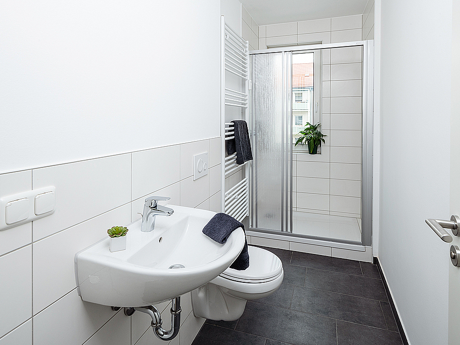 Stilvoll saniertes, modernes Badezimmer mit hellen Wandfliesen, dunklen Bodenfliesen und einer eleganten Dusche